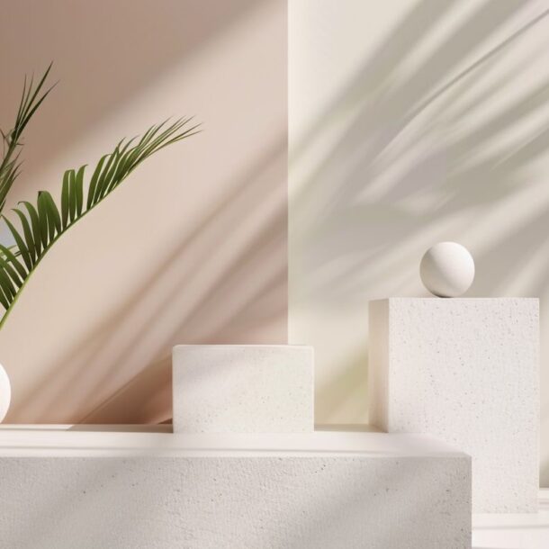 Elegant minimalist interior design with sunlight casting shadows on modern decor elements.