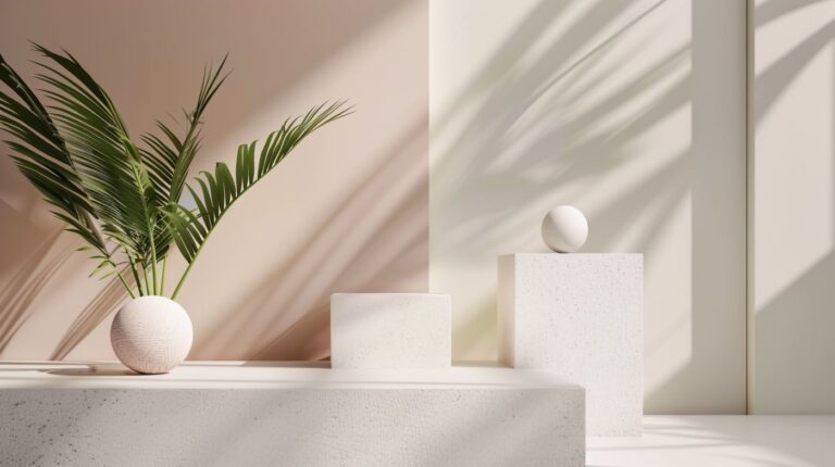 Elegant minimalist interior design with sunlight casting shadows on modern decor elements.
