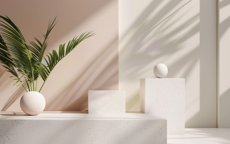 Elegant minimalist interior design with sunlight casting shadows on modern decor elements.